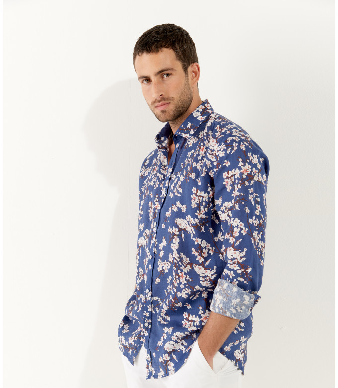 CIRO - Indigo Japanese flower print linen shirt