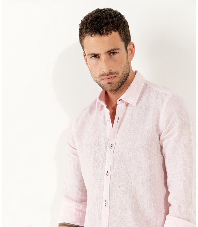 JONAS - Camisa lisa em linho mosqueado, rosa