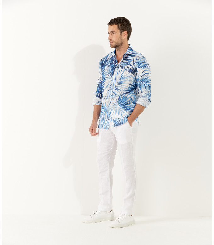 KANYE - White floral print linen shirt