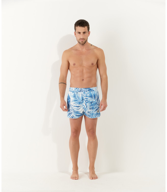 KAYDEN - Short de bain imprimé a motif feuille de palmier blanc