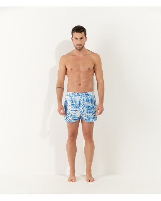 KAYDEN - Short de bain imprimé a motif feuille de palmier blanc