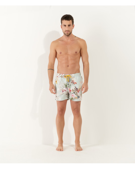 LUKA - Short de bain imprimé fleurs japonaises aqua