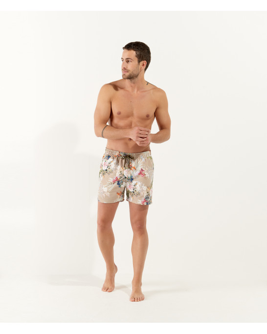 LUKA - Short de bain imprimé fleurs japonaises beige