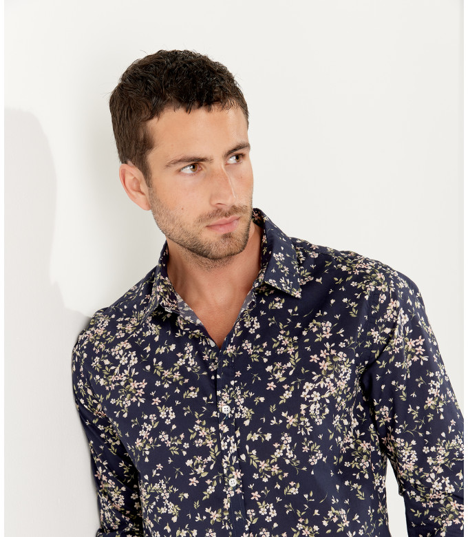 LAGON - Cotton flower printed shirt beige and blue