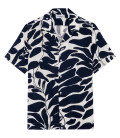 AMADEO - Leaves print navy linen shirt
