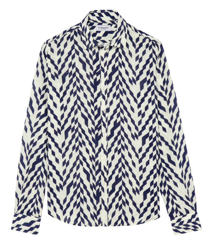 JAVIER - Chemise en lin imprimé motif chevron marine