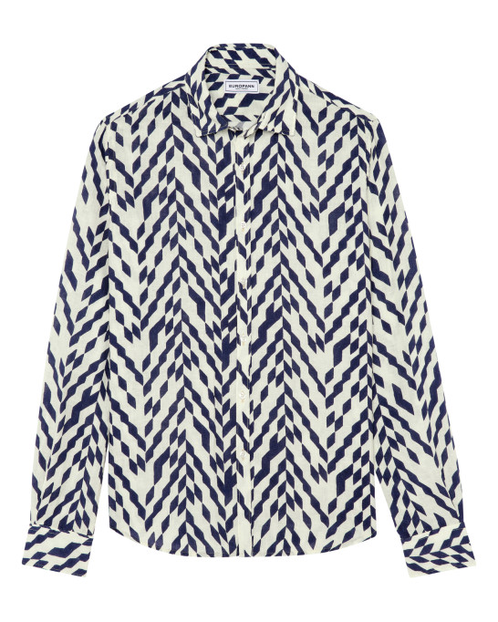 JAVIER - Chemise en lin imprimé motif chevron marine