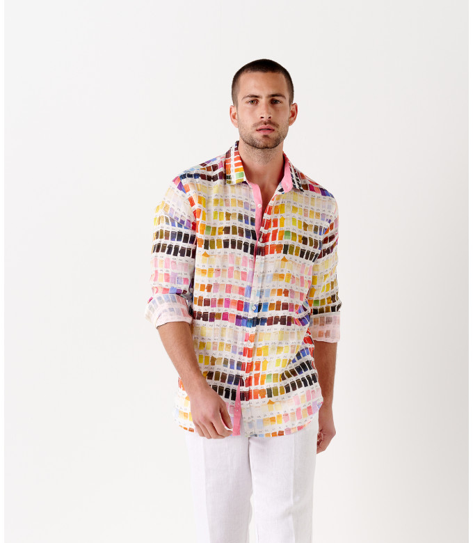ROSS - Camisa regular de lino para hombre con estampado pantone rosa