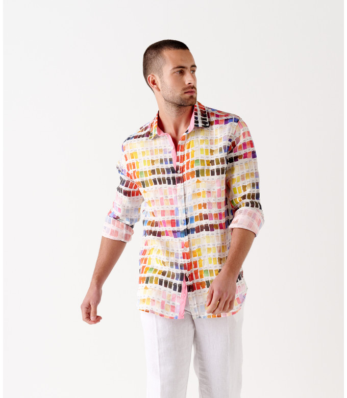 ROSS - Camisa regular de lino para hombre con estampado pantone rosa