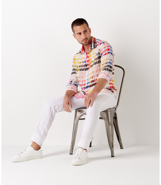ROSS - Camisa regular de lino para hombre con estampado pantone rosa