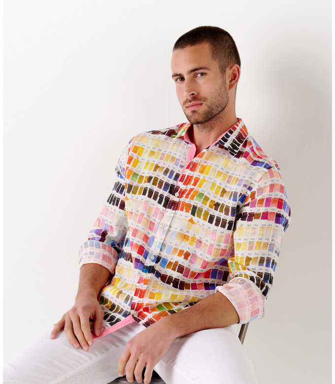 ROSS - Camicia uomo regular in lino con stampa pantone rosa