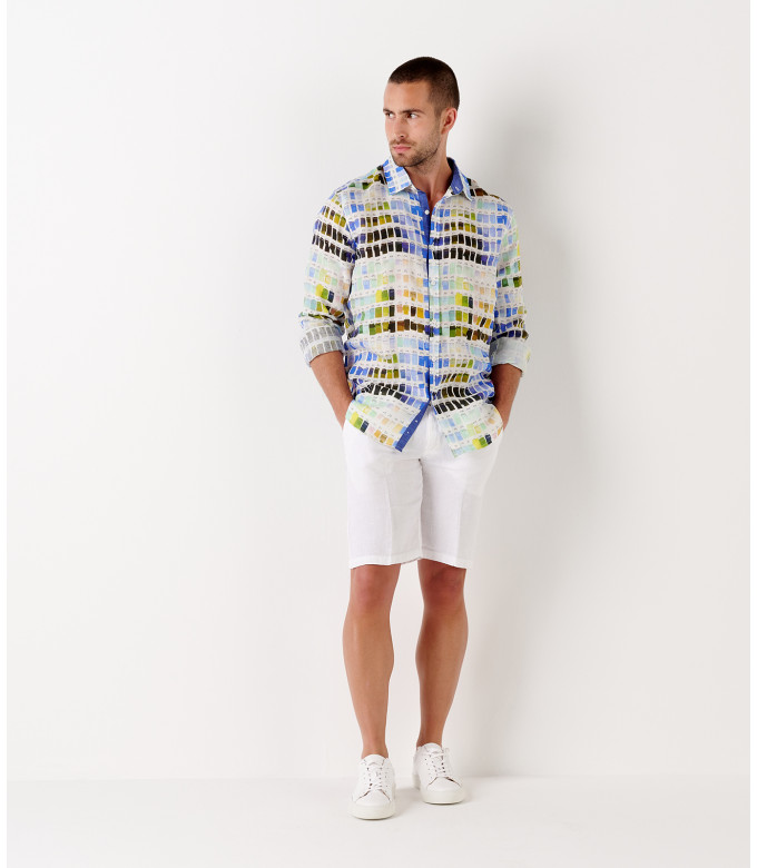 ROSS - Camisa de linho regular masculina com estampa pantone branca