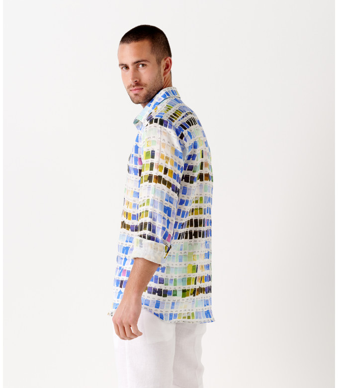 ROSS - Camisa de linho regular masculina com estampa pantone branca