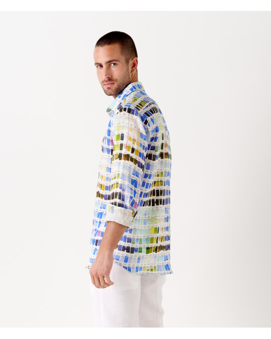 ROSS - Camicia uomo regular in lino con stampa pantone bianca