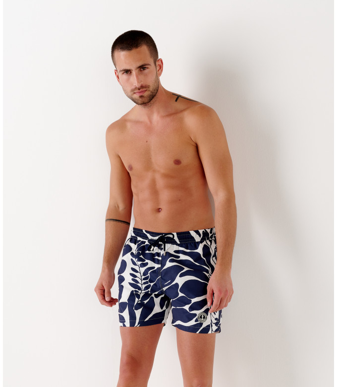 PIETRO - Navy Leaf Print Swim Shorts