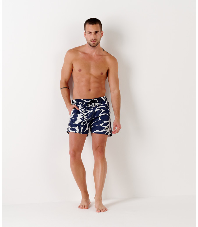 PIETRO - Navy Leaf Print Swim Shorts