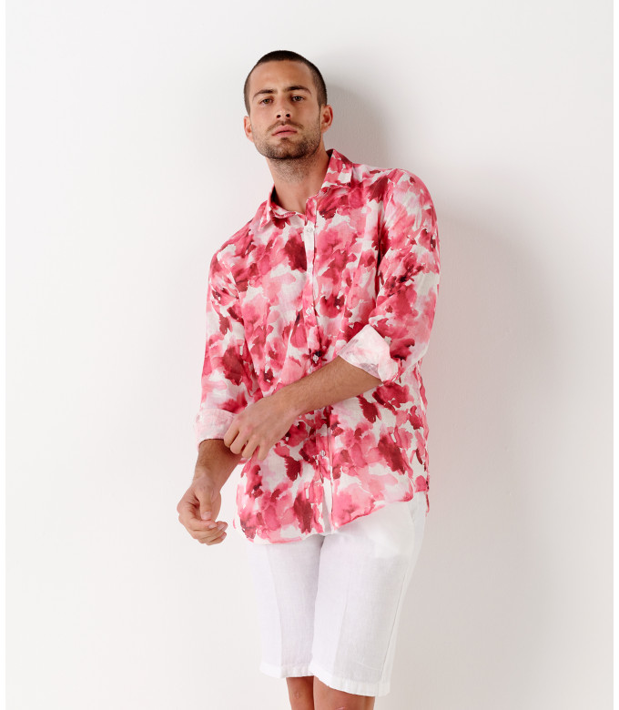 NOTO - Chemise en lin imprimé motif tâches de peinture corail