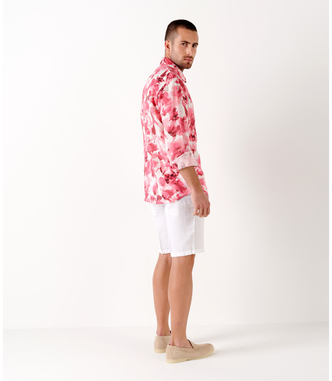 NOTO - Chemise en lin imprimé motif tâches de peinture corail