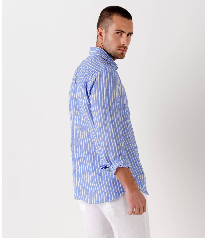 KRIS - Chemise fines rayures lin bleu ciel