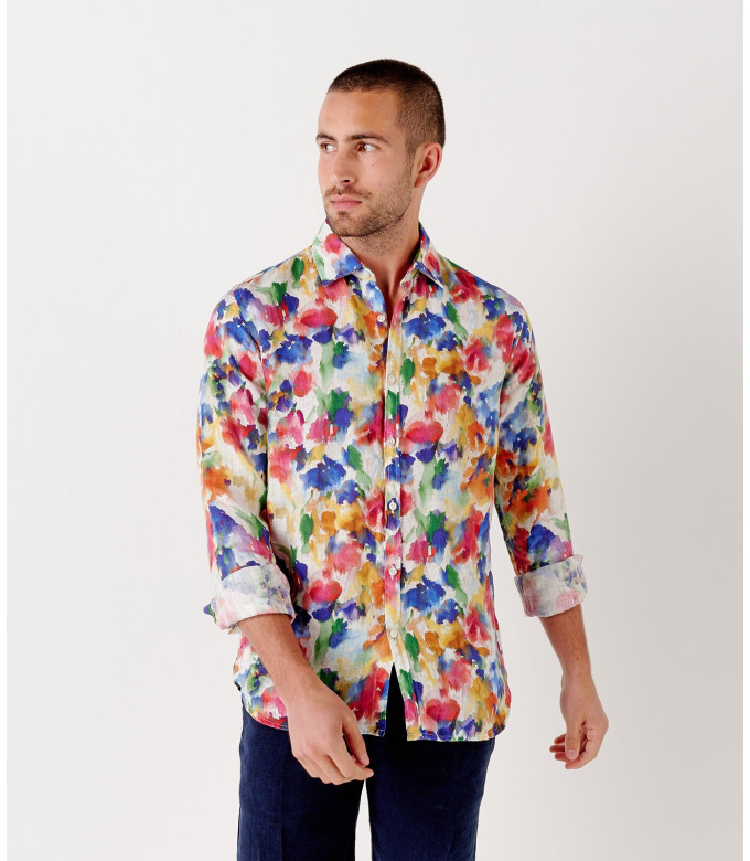 BOMBAY - Chemise en lin imprimé motif tâches de peinture multicolore