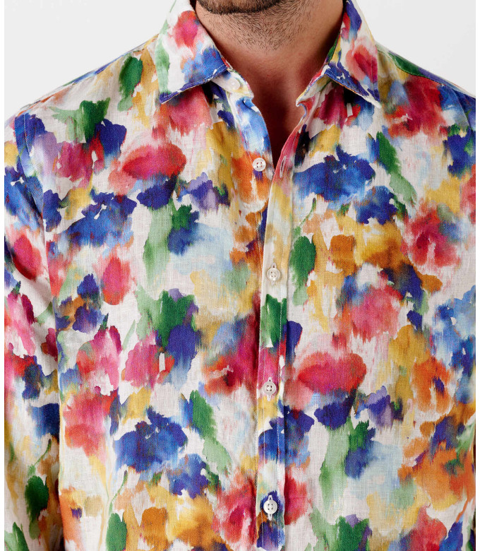 BOMBAY - Chemise en lin imprimé motif tâches de peinture multicolore