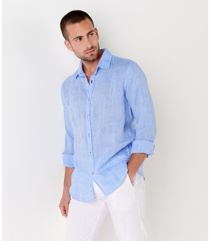 JONAS - Camicia a tinta unita in lino screziato, blu