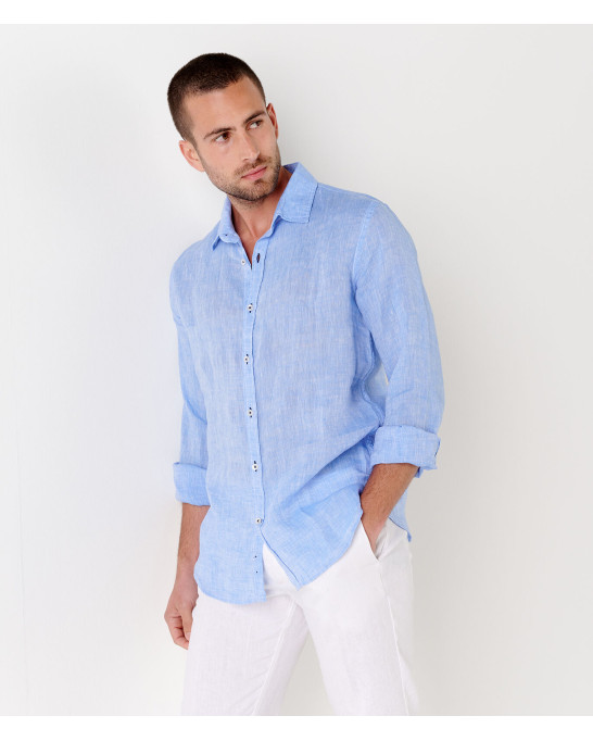 JONAS - Camicia a tinta unita in lino screziato, blu