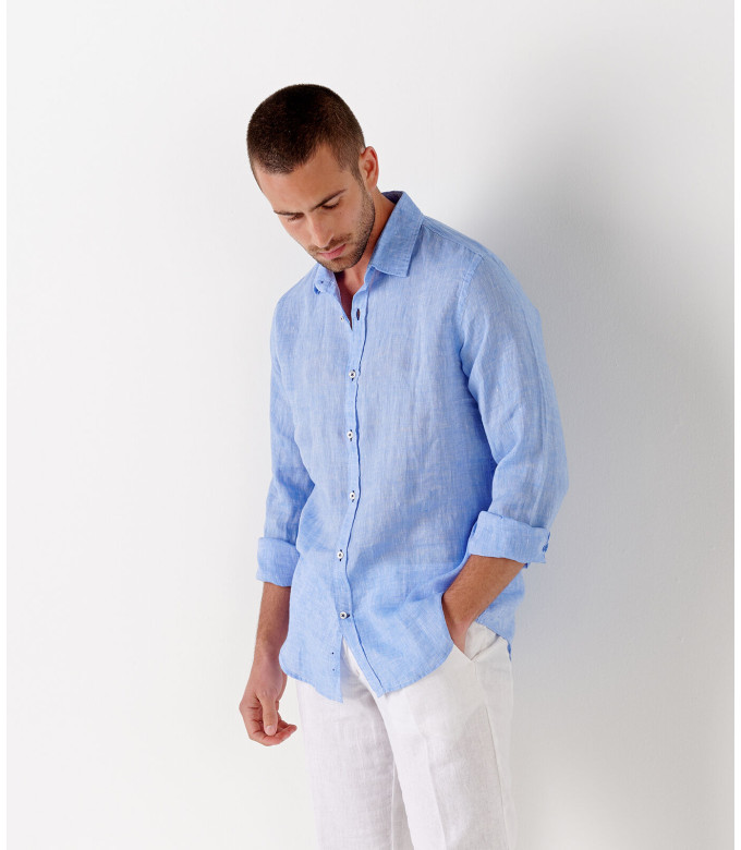 JONAS - Camicia a tinta unita in lino screziato, blu