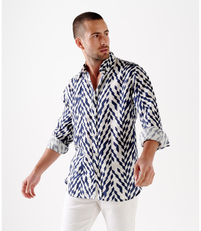 JAVIER - Chemise en lin imprimé motif chevron marine