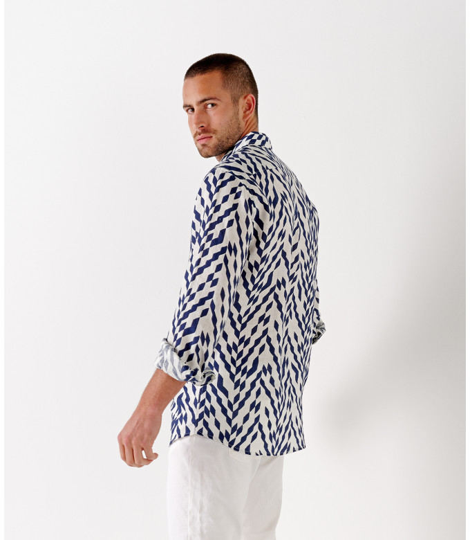 JAVIER - Chemise en lin imprimé motif chevron marine