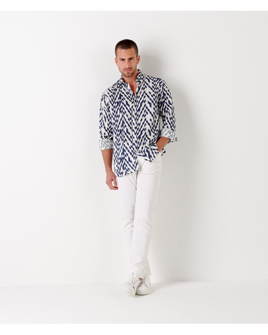 JAVIER - Chemise en lin imprimé motif chevron marine