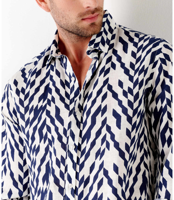 JAVIER - Chemise en lin imprimé motif chevron marine