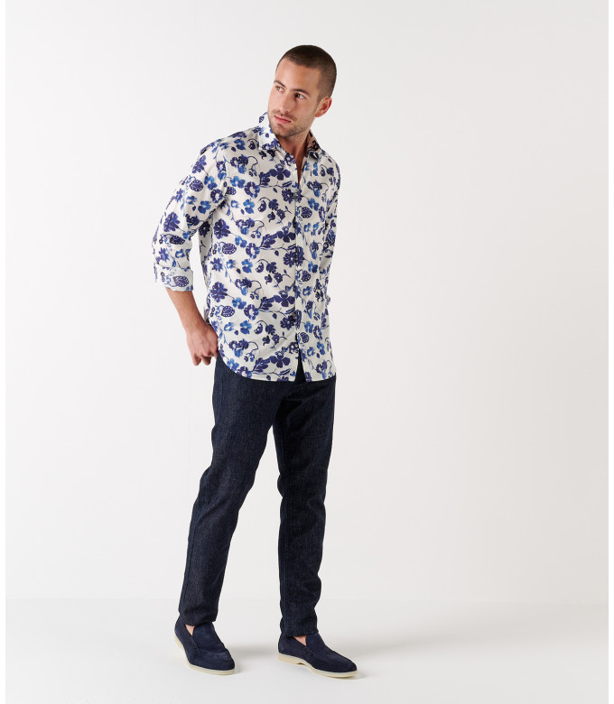 FELIPE - Printed linen shirt navy blue