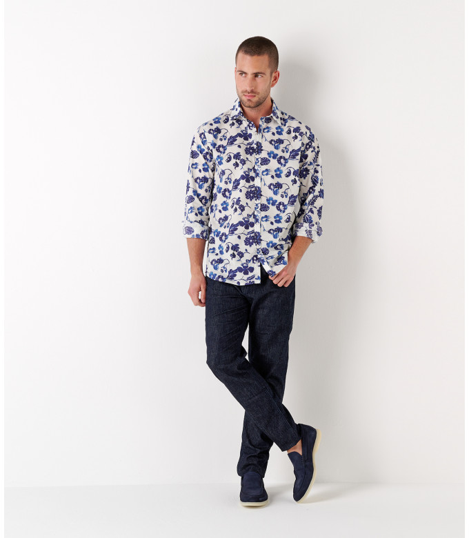 FELIPE - Printed linen shirt navy blue