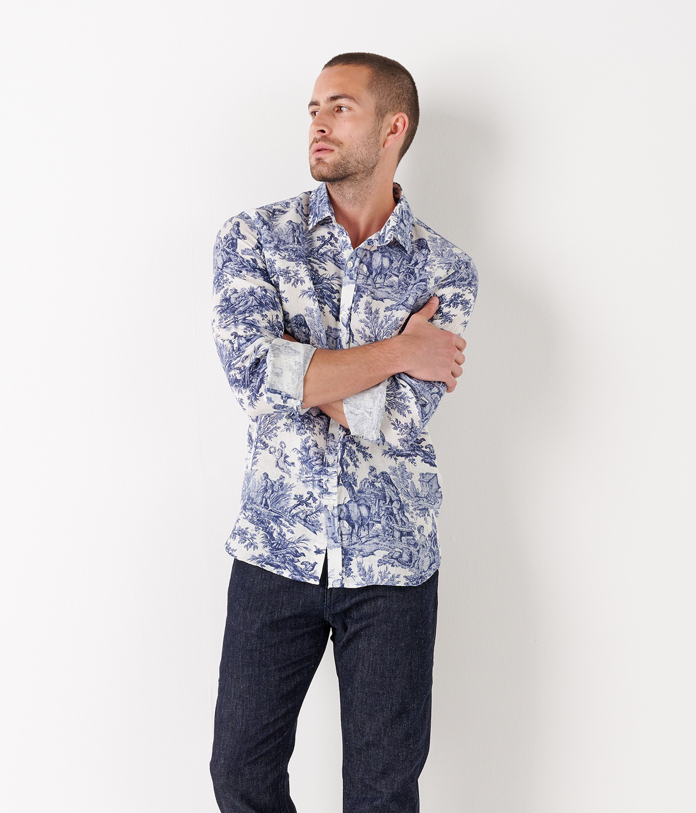 GALLI Chemise en lin imprime toile de jouy marine EUROPANN
