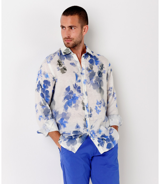 DIEGO - Chemise en lin imprimé fleurs océan