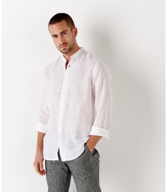 STAN - Camisa blanca de lino, cuello mao 