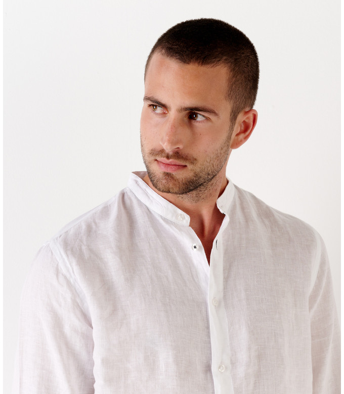 STAN - Camisa blanca de lino, cuello mao 