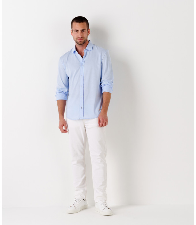 STUART - Chemise en jersey coton fin uni slim-fit, ciel