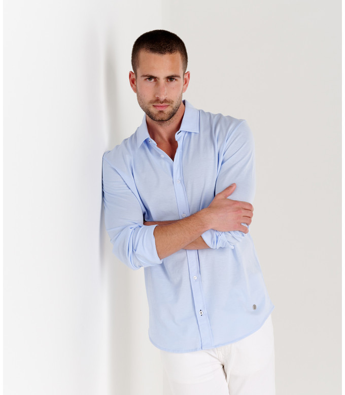 STUART - Chemise en jersey coton fin uni slim-fit, ciel