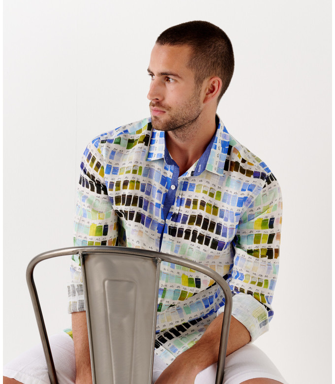 ROSS - Camisa de linho regular masculina com estampa pantone branca