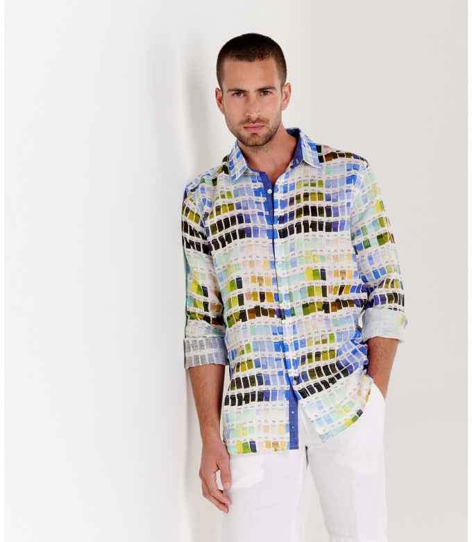 ROSS - Camisa de linho regular masculina com estampa pantone branca