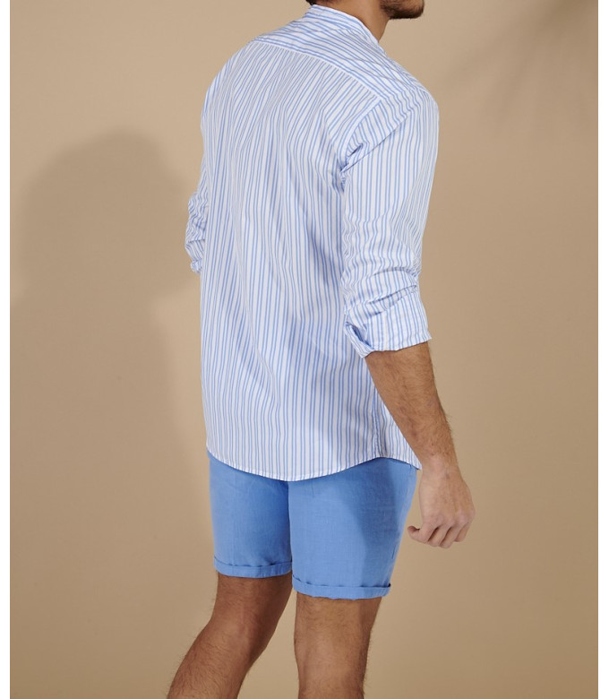 STANLEY - Blue striped collarless cotton shirt