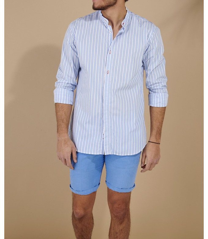 STANLEY - Blue striped collarless cotton shirt