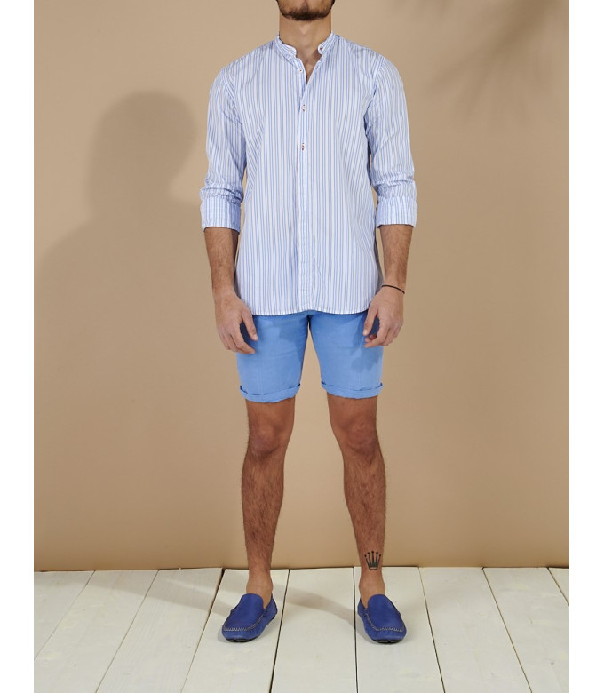 STANLEY- Chemise en coton sans col rayé bleu