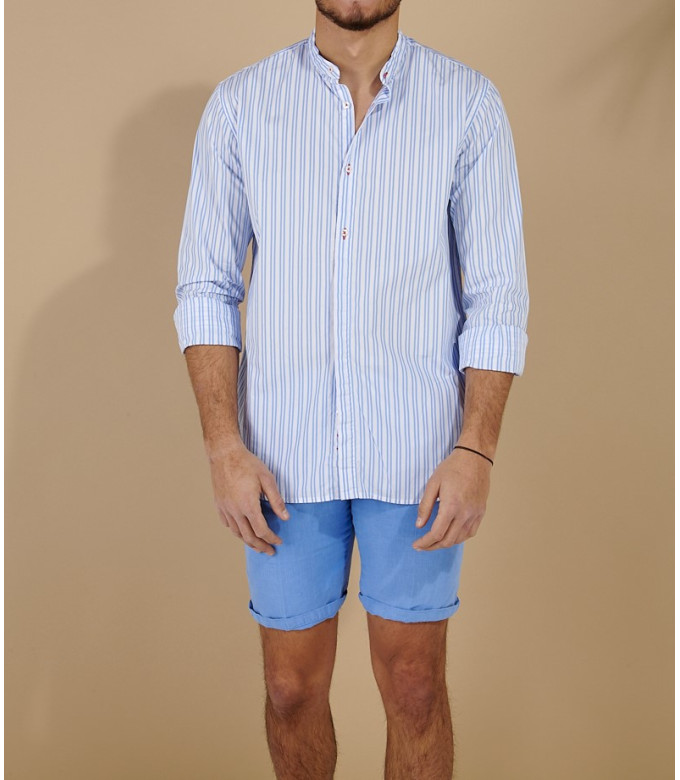 STANLEY - Blue striped collarless cotton shirt