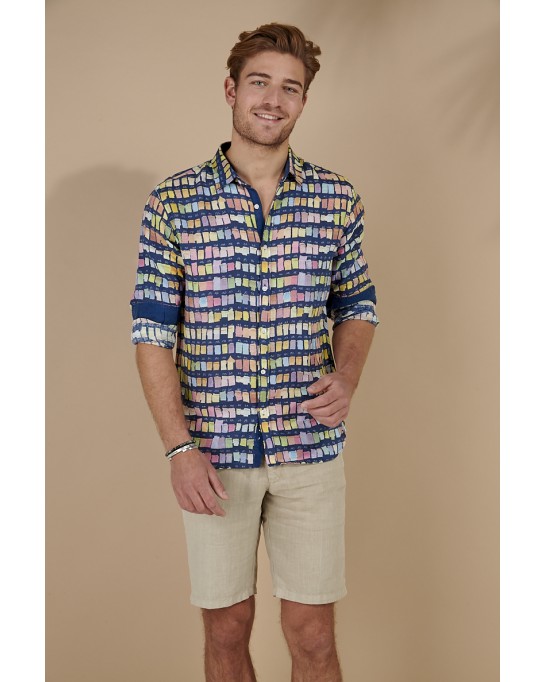 ROSS - Camisa de linho regular masculina com estampa pantone azul-marinho