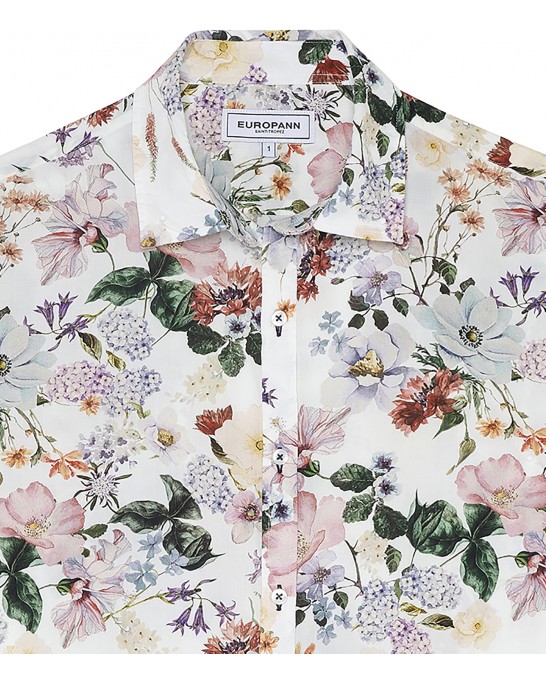 LAGON - Cotton flower printed shirt beige and blue