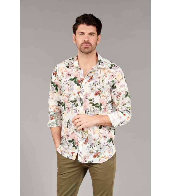 LAGON - Cotton flower printed shirt beige and blue