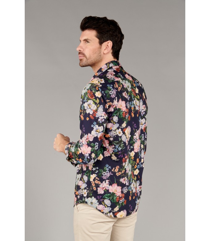 LAGON - Cotton flower printed shirt beige and blue